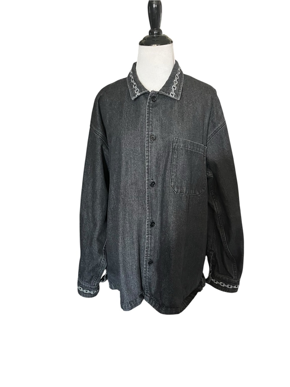 CCS Box Cut Black Denim Button-Up Shirt Chain Embroidered Collar Size L